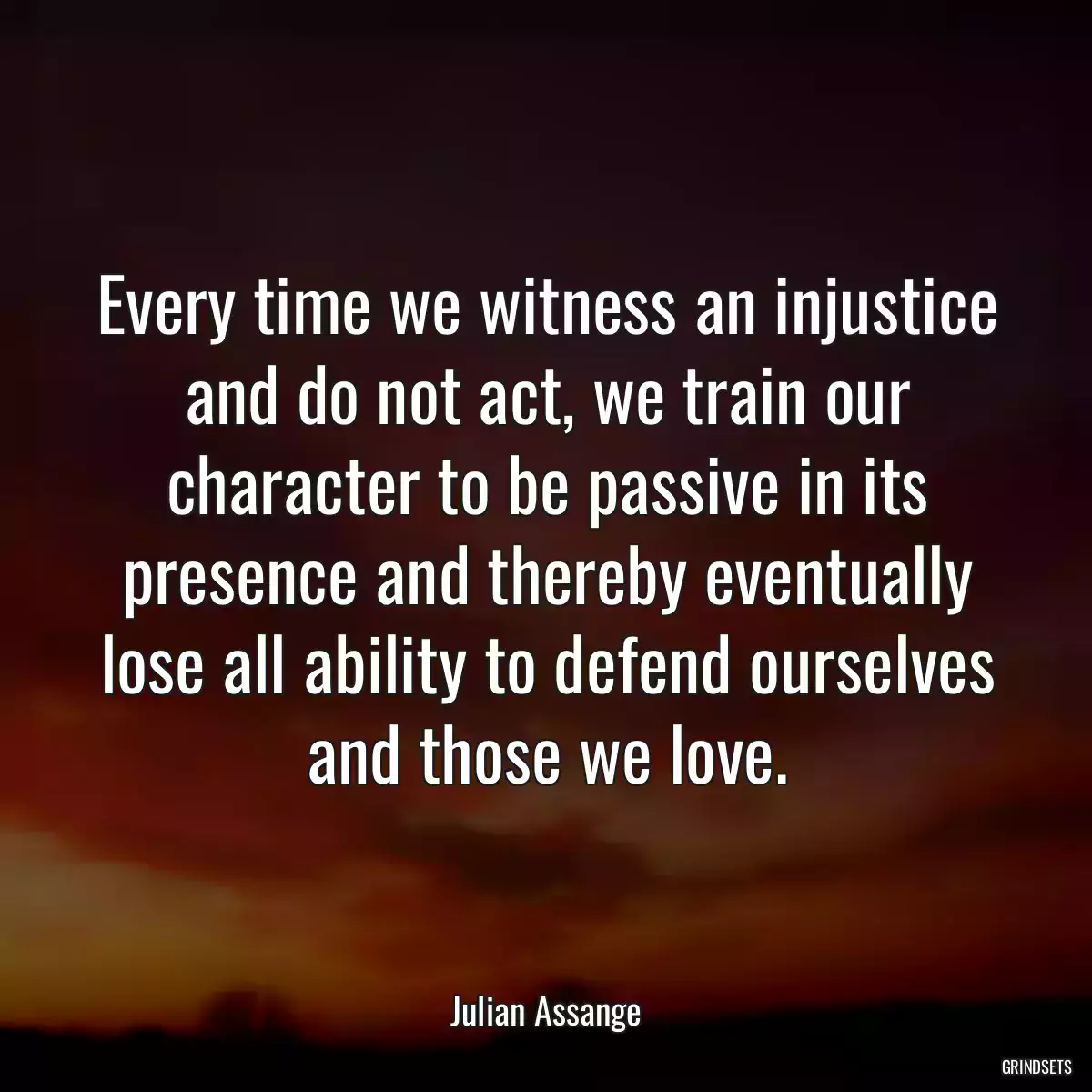 Every time we witness an injustice and do not act, we train our character to be passive in its presence and thereby eventually lose all ability to defend ourselves and those we love.