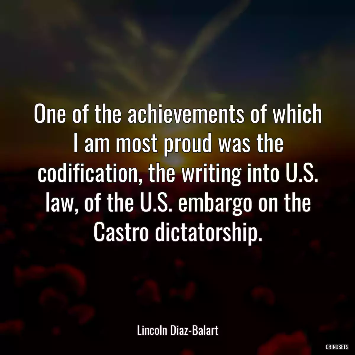 One of the achievements of which I am most proud was the codification, the writing into U.S. law, of the U.S. embargo on the Castro dictatorship.