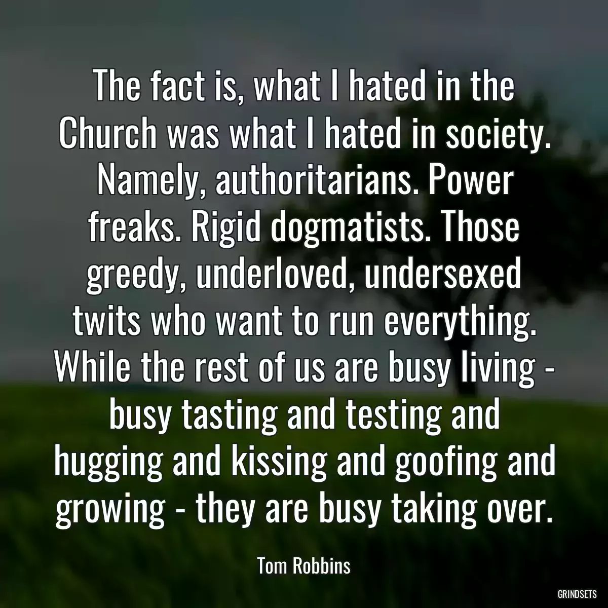 The fact is, what I hated in the Church was what I hated in society. Namely, authoritarians. Power freaks. Rigid dogmatists. Those greedy, underloved, undersexed twits who want to run everything. While the rest of us are busy living - busy tasting and testing and hugging and kissing and goofing and growing - they are busy taking over.