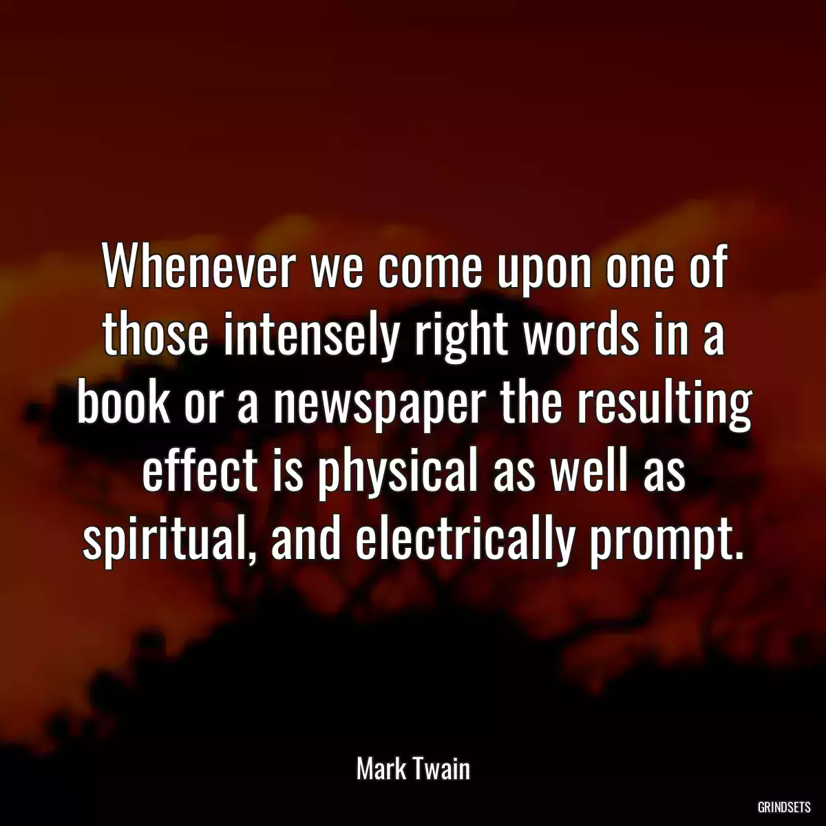 Whenever we come upon one of those intensely right words in a book or a newspaper the resulting effect is physical as well as spiritual, and electrically prompt.