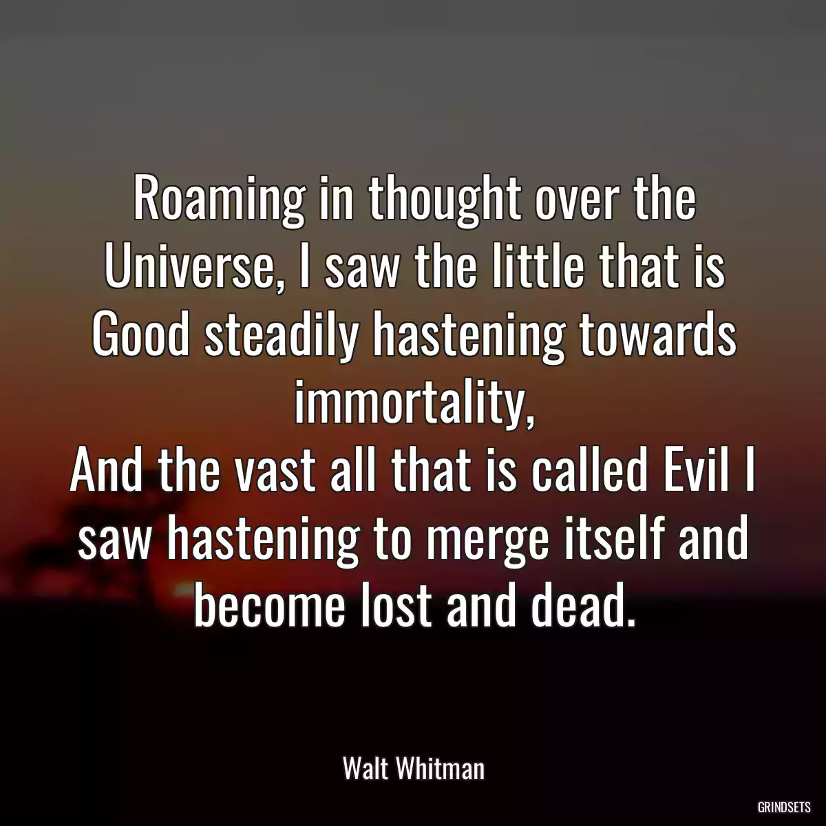 Roaming in thought over the Universe, I saw the little that is
Good steadily hastening towards immortality,
And the vast all that is called Evil I saw hastening to merge itself and become lost and dead.