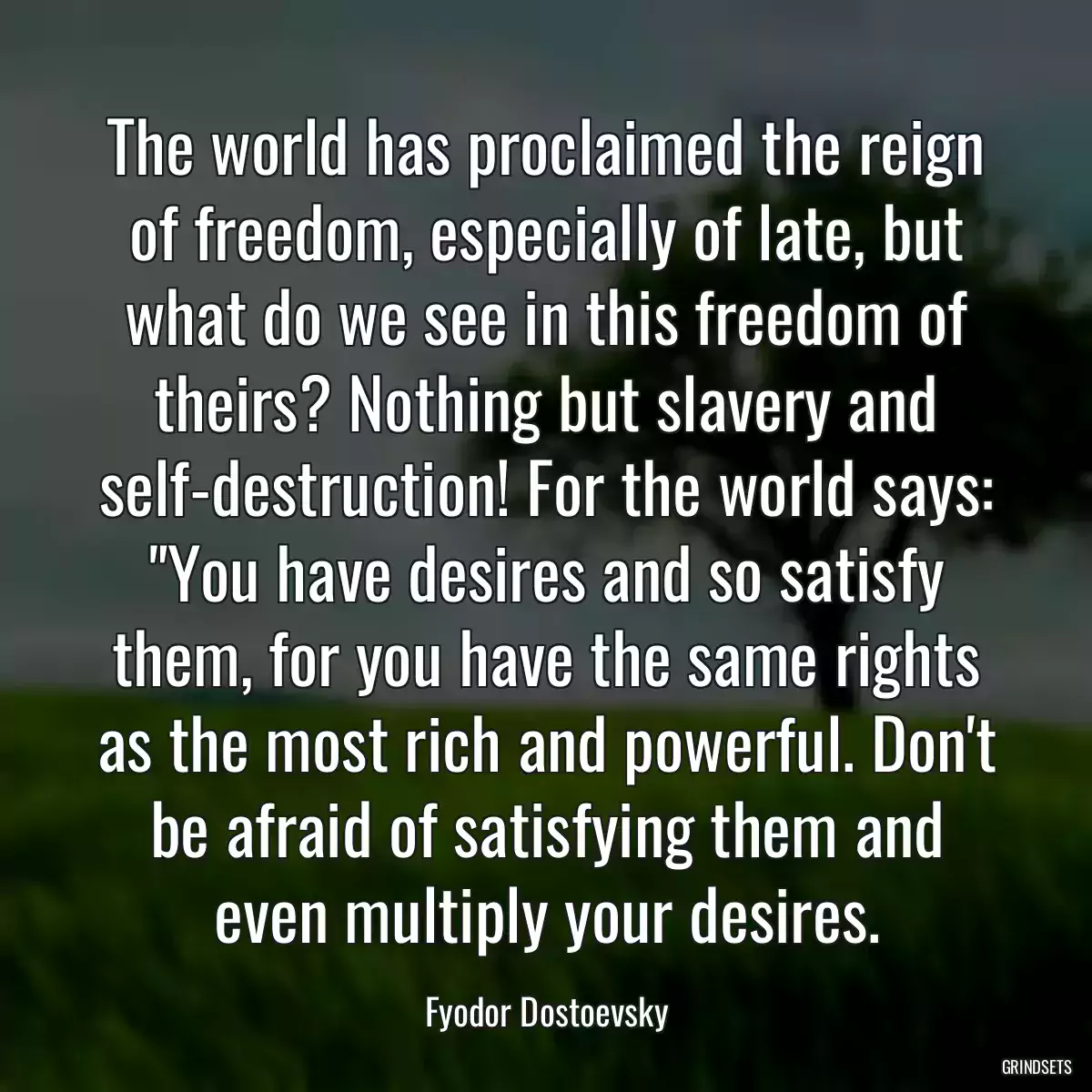 The world has proclaimed the reign of freedom, especially of late, but what do we see in this freedom of theirs? Nothing but slavery and self-destruction! For the world says: \