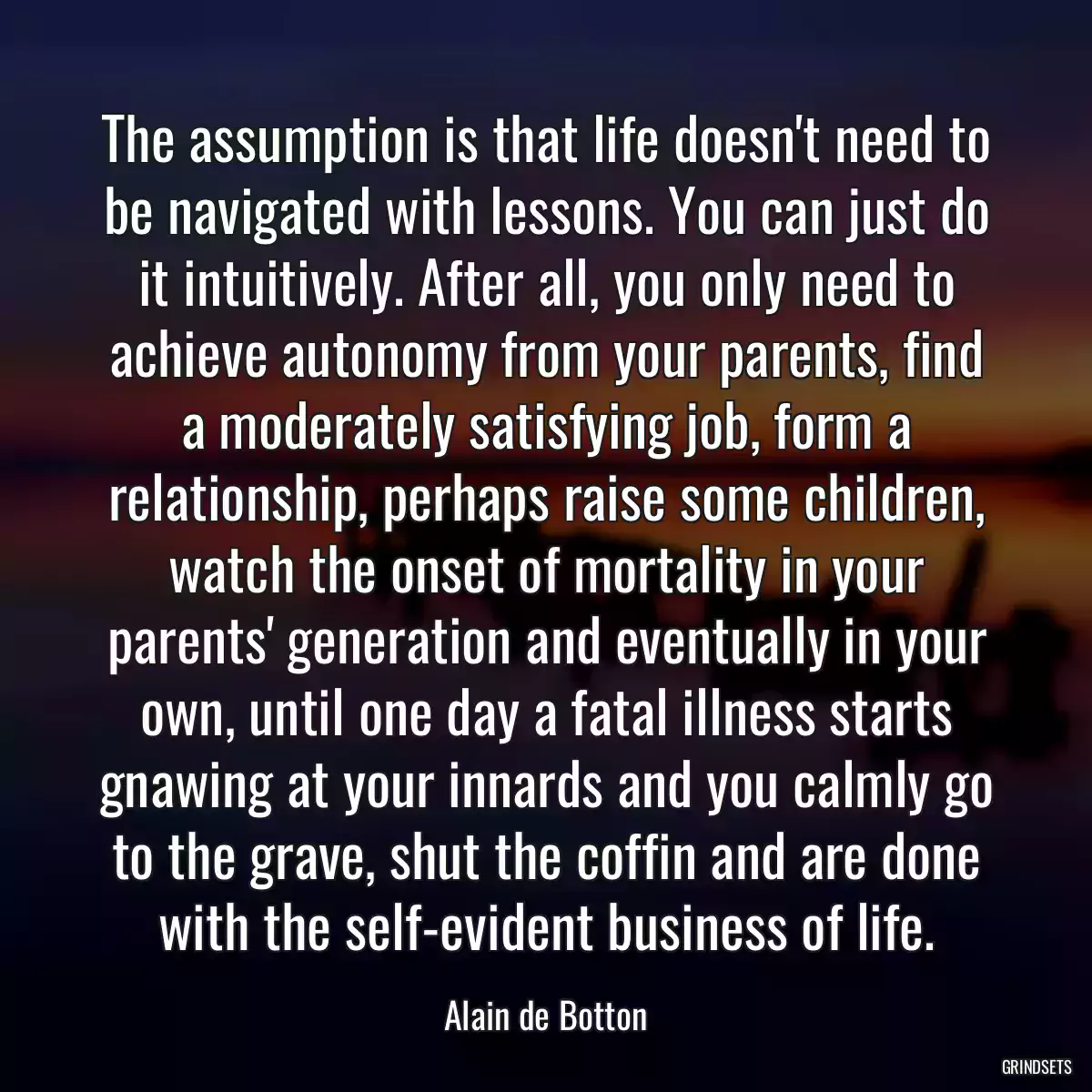 The assumption is that life doesn\'t need to be navigated with lessons. You can just do it intuitively. After all, you only need to achieve autonomy from your parents, find a moderately satisfying job, form a relationship, perhaps raise some children, watch the onset of mortality in your parents\' generation and eventually in your own, until one day a fatal illness starts gnawing at your innards and you calmly go to the grave, shut the coffin and are done with the self-evident business of life.