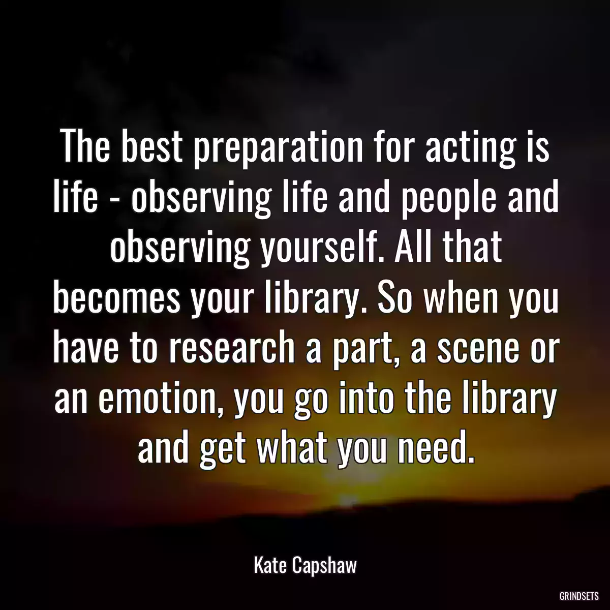 The best preparation for acting is life - observing life and people and observing yourself. All that becomes your library. So when you have to research a part, a scene or an emotion, you go into the library and get what you need.