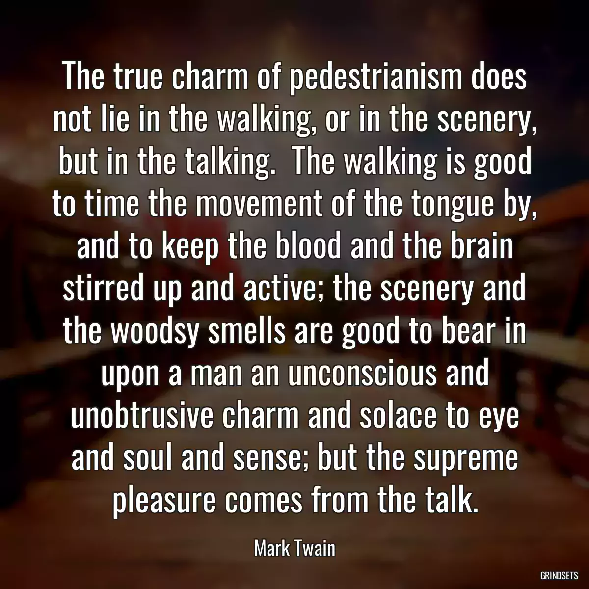 The true charm of pedestrianism does not lie in the walking, or in the scenery, but in the talking.  The walking is good to time the movement of the tongue by, and to keep the blood and the brain stirred up and active; the scenery and the woodsy smells are good to bear in upon a man an unconscious and unobtrusive charm and solace to eye and soul and sense; but the supreme pleasure comes from the talk.