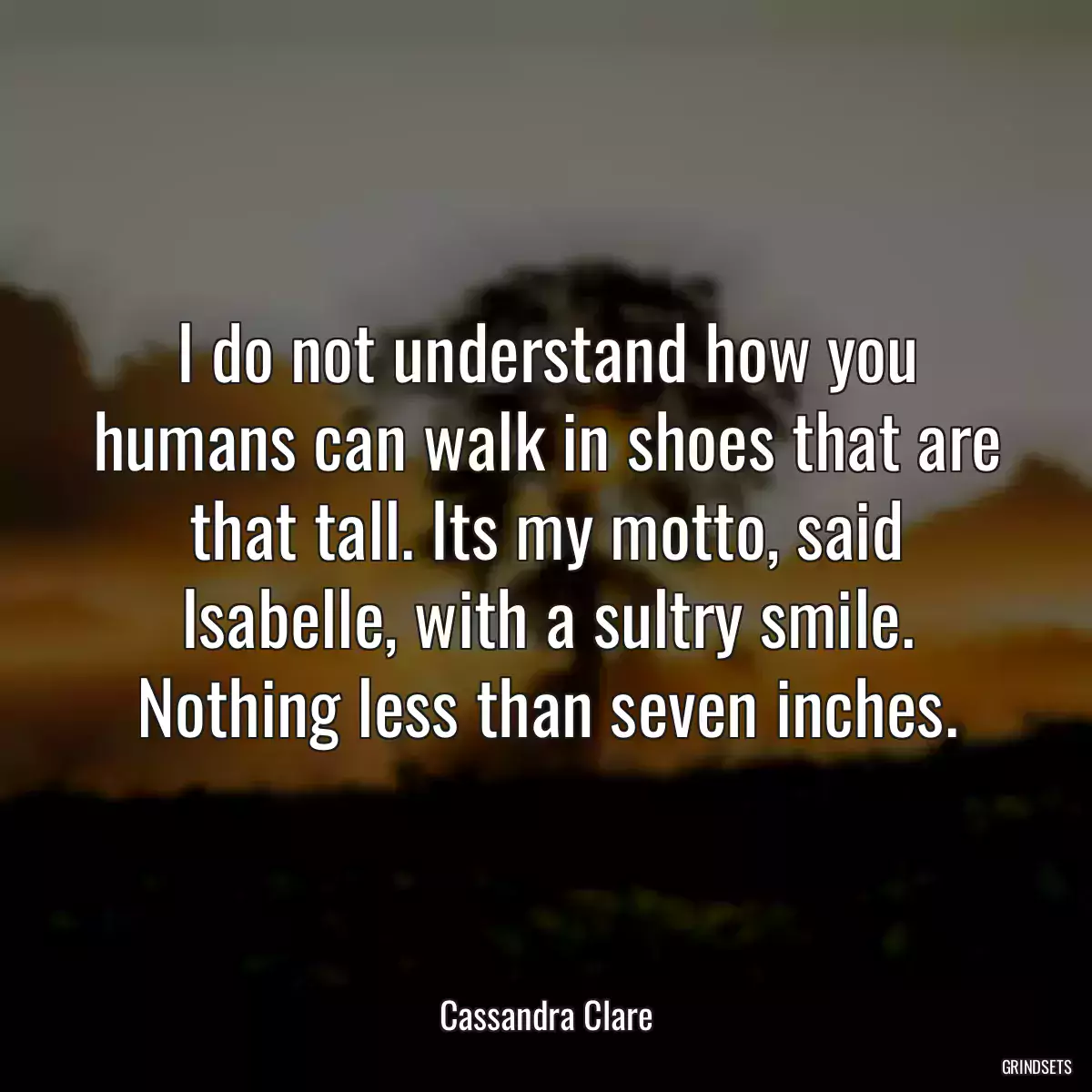 I do not understand how you humans can walk in shoes that are that tall. Its my motto, said Isabelle, with a sultry smile. Nothing less than seven inches.