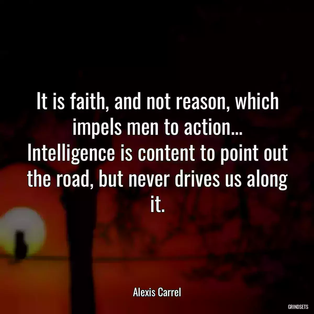 It is faith, and not reason, which impels men to action... Intelligence is content to point out the road, but never drives us along it.