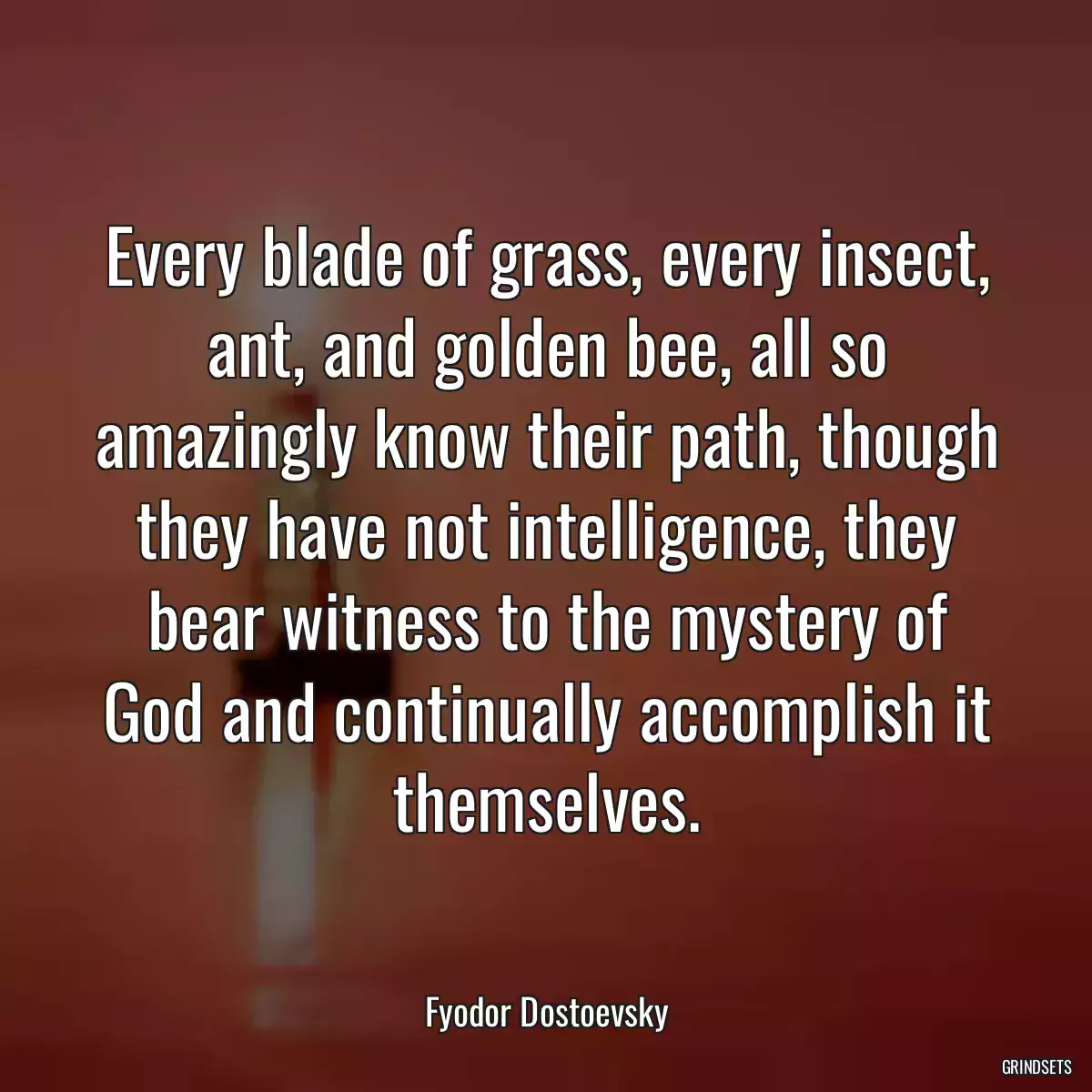 Every blade of grass, every insect, ant, and golden bee, all so amazingly know their path, though they have not intelligence, they bear witness to the mystery of God and continually accomplish it themselves.