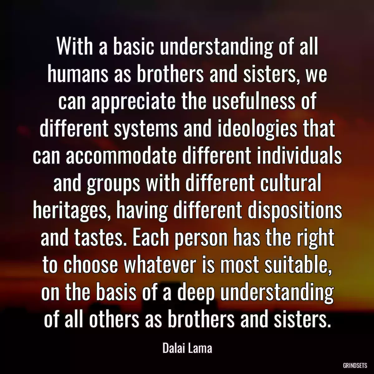 With a basic understanding of all humans as brothers and sisters, we can appreciate the usefulness of different systems and ideologies that can accommodate different individuals and groups with different cultural heritages, having different dispositions and tastes. Each person has the right to choose whatever is most suitable, on the basis of a deep understanding of all others as brothers and sisters.