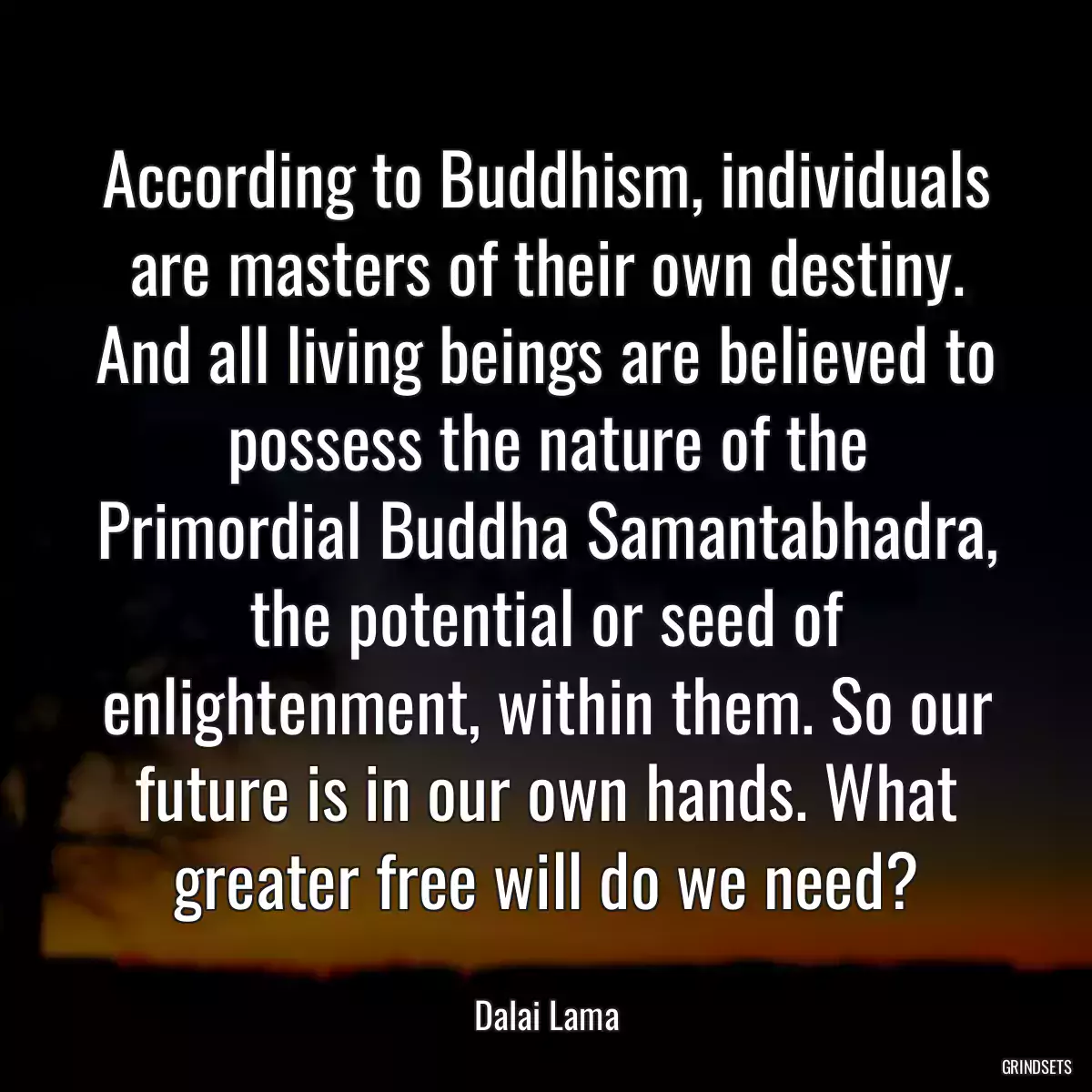 According to Buddhism, individuals are masters of their own destiny. And all living beings are believed to possess the nature of the Primordial Buddha Samantabhadra, the potential or seed of enlightenment, within them. So our future is in our own hands. What greater free will do we need?