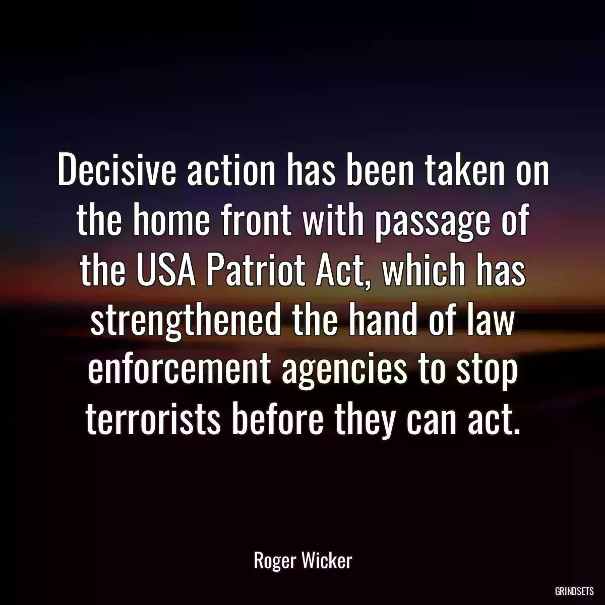 Decisive action has been taken on the home front with passage of the USA Patriot Act, which has strengthened the hand of law enforcement agencies to stop terrorists before they can act.