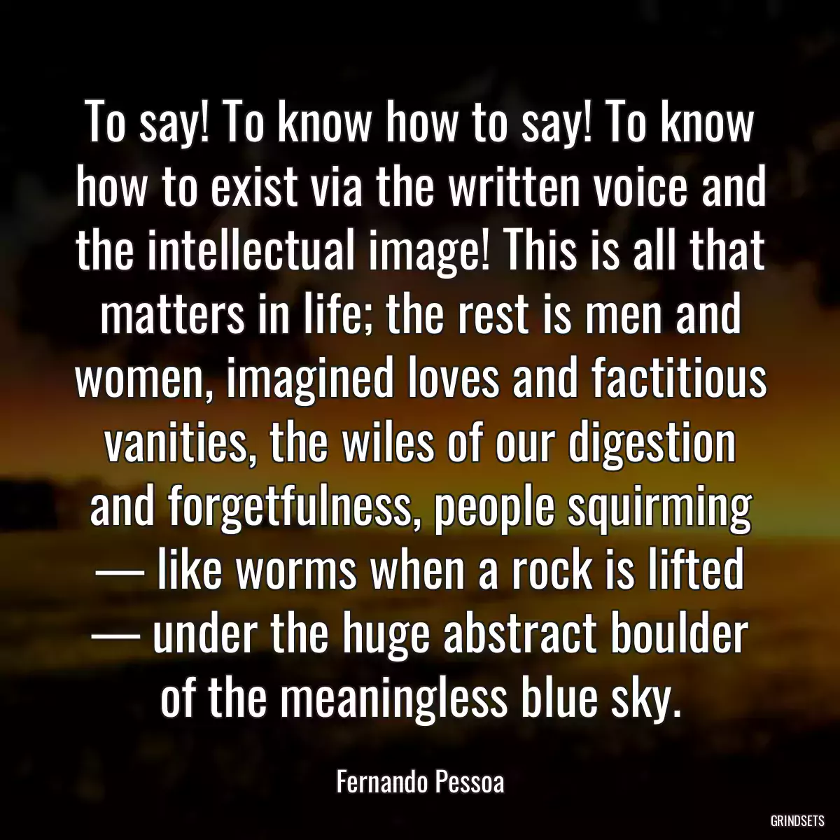 To say! To know how to say! To know how to exist via the written voice and the intellectual image! This is all that matters in life; the rest is men and women, imagined loves and factitious vanities, the wiles of our digestion and forgetfulness, people squirming — like worms when a rock is lifted — under the huge abstract boulder of the meaningless blue sky.