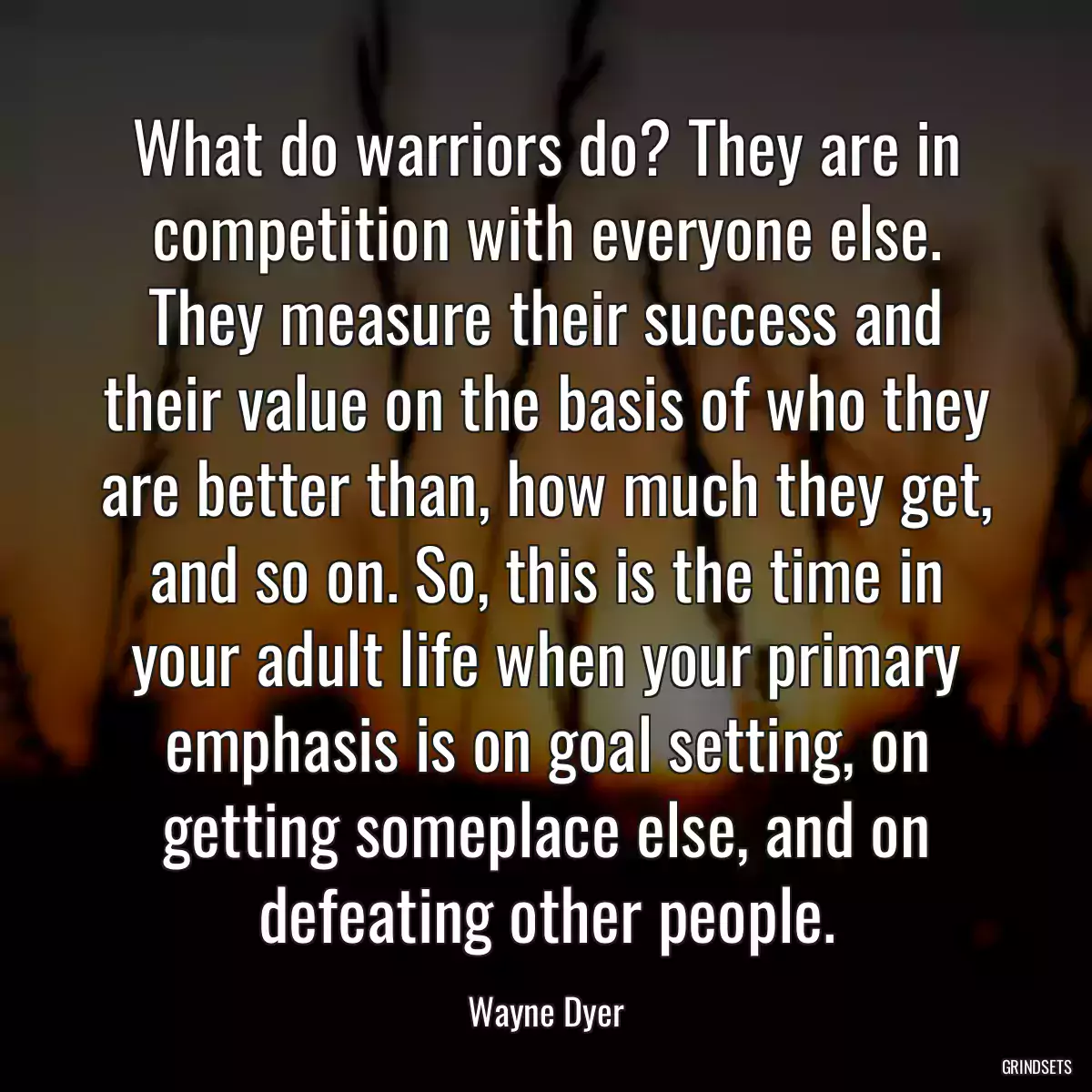 What do warriors do? They are in competition with everyone else. They measure their success and their value on the basis of who they are better than, how much they get, and so on. So, this is the time in your adult life when your primary emphasis is on goal setting, on getting someplace else, and on defeating other people.
