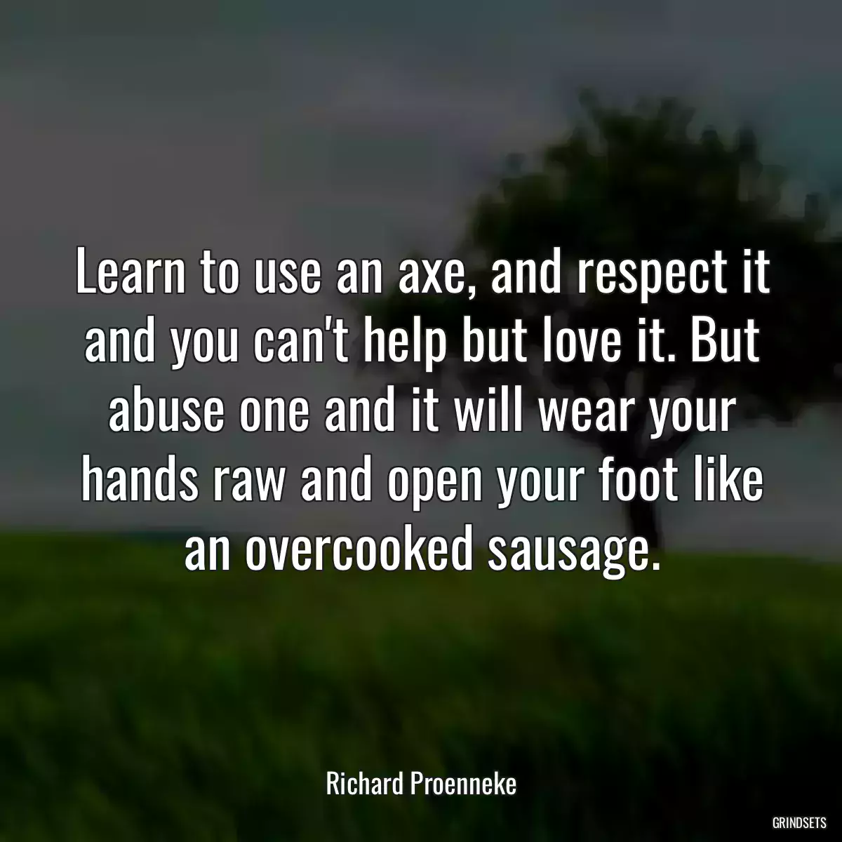 Learn to use an axe, and respect it and you can\'t help but love it. But abuse one and it will wear your hands raw and open your foot like an overcooked sausage.