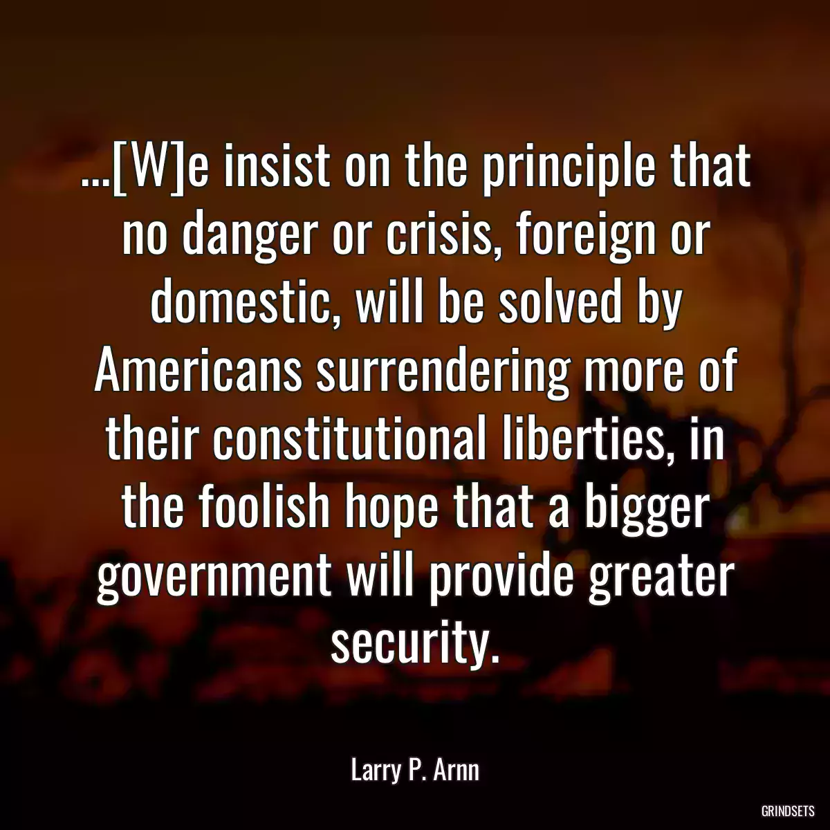 ...[W]e insist on the principle that no danger or crisis, foreign or domestic, will be solved by Americans surrendering more of their constitutional liberties, in the foolish hope that a bigger government will provide greater security.