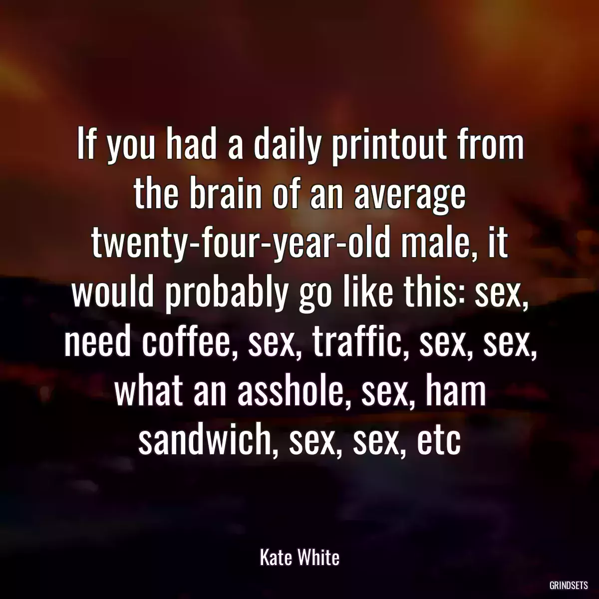 If you had a daily printout from the brain of an average twenty-four-year-old male, it would probably go like this: sex, need coffee, sex, traffic, sex, sex, what an asshole, sex, ham sandwich, sex, sex, etc