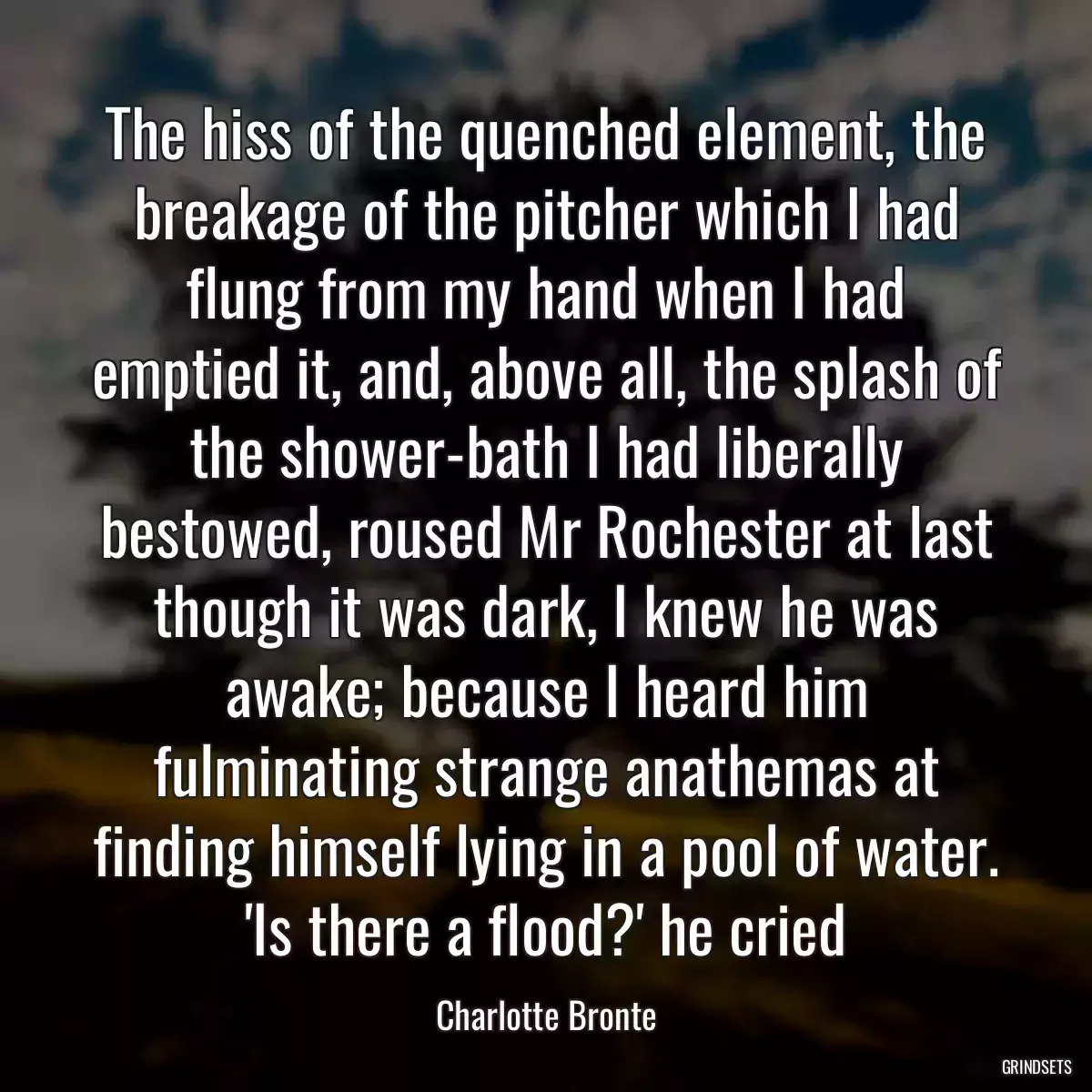 The hiss of the quenched element, the breakage of the pitcher which I had flung from my hand when I had emptied it, and, above all, the splash of the shower-bath I had liberally bestowed, roused Mr Rochester at last though it was dark, I knew he was awake; because I heard him fulminating strange anathemas at finding himself lying in a pool of water. \'Is there a flood?\' he cried