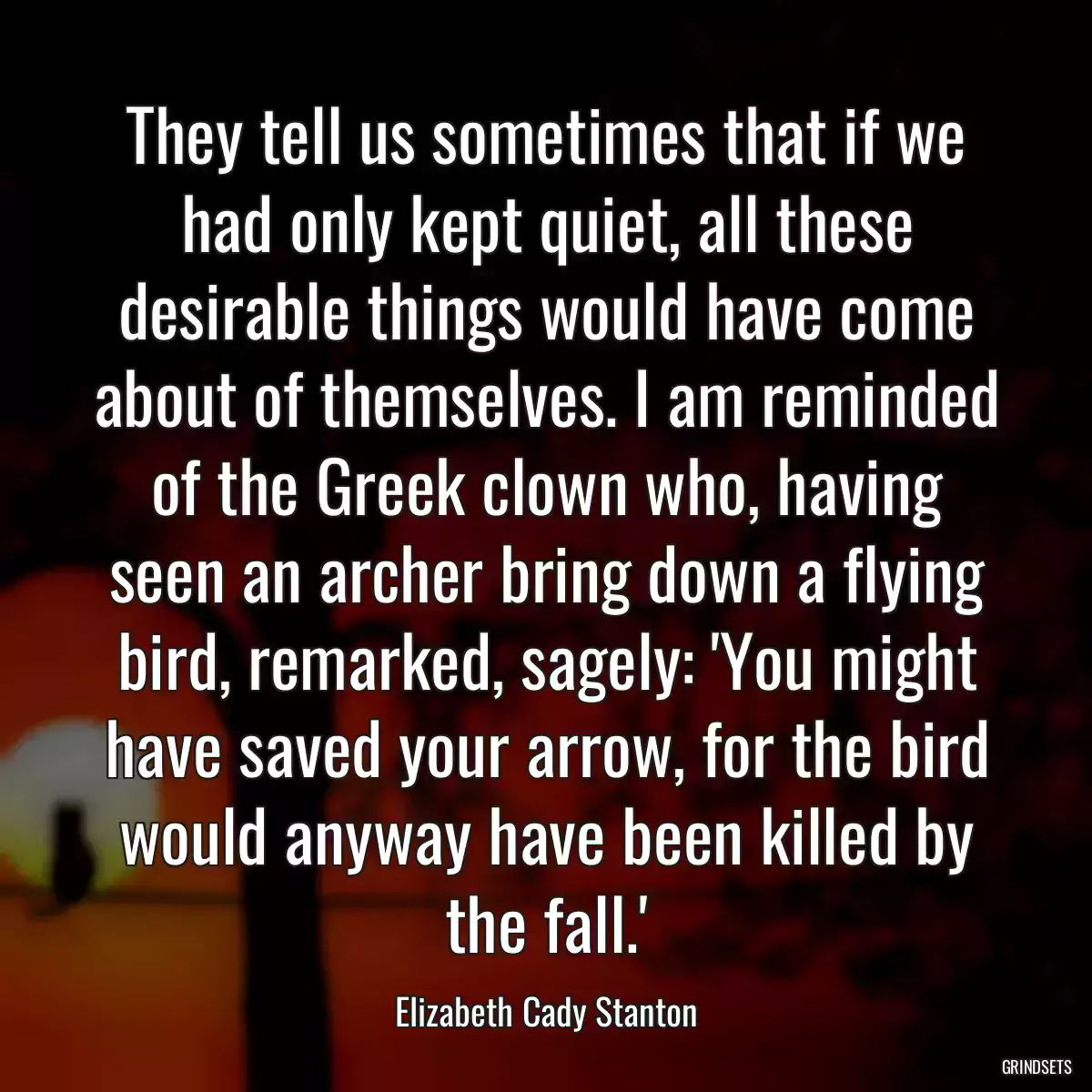 They tell us sometimes that if we had only kept quiet, all these desirable things would have come about of themselves. I am reminded of the Greek clown who, having seen an archer bring down a flying bird, remarked, sagely: \'You might have saved your arrow, for the bird would anyway have been killed by the fall.\'