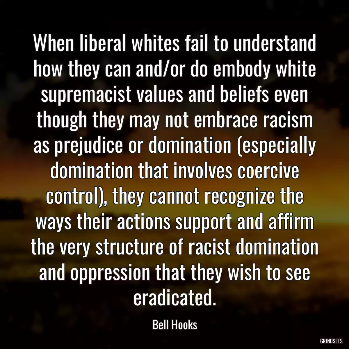 When liberal whites fail to understand how they can and/or do embody white supremacist values and beliefs even though they may not embrace racism as prejudice or domination (especially domination that involves coercive control), they cannot recognize the ways their actions support and affirm the very structure of racist domination and oppression that they wish to see eradicated.