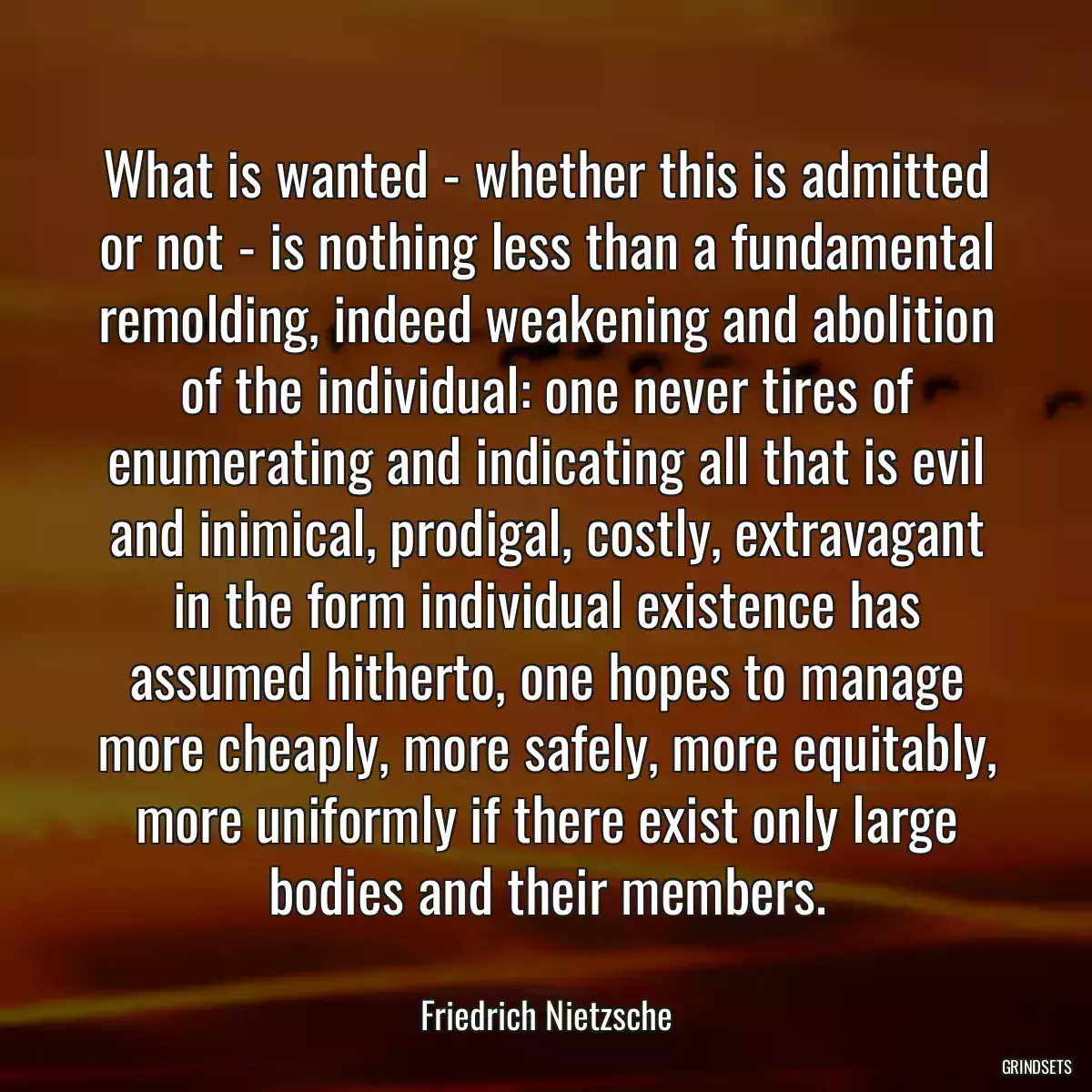 What is wanted - whether this is admitted or not - is nothing less than a fundamental remolding, indeed weakening and abolition of the individual: one never tires of enumerating and indicating all that is evil and inimical, prodigal, costly, extravagant in the form individual existence has assumed hitherto, one hopes to manage more cheaply, more safely, more equitably, more uniformly if there exist only large bodies and their members.