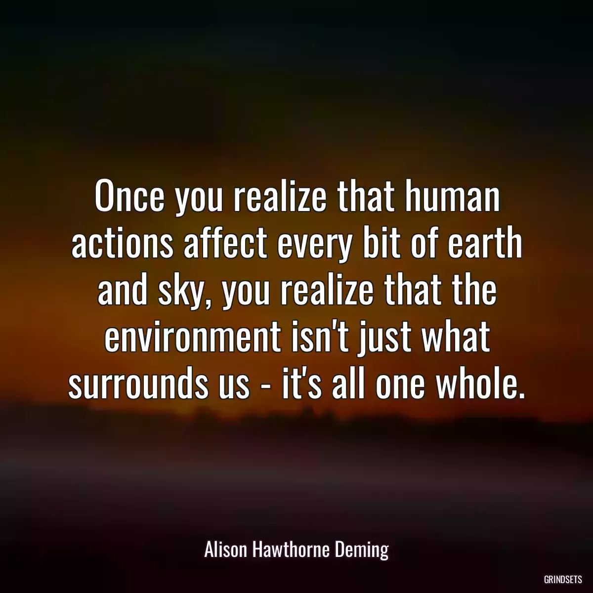 Once you realize that human actions affect every bit of earth and sky, you realize that the environment isn\'t just what surrounds us - it\'s all one whole.