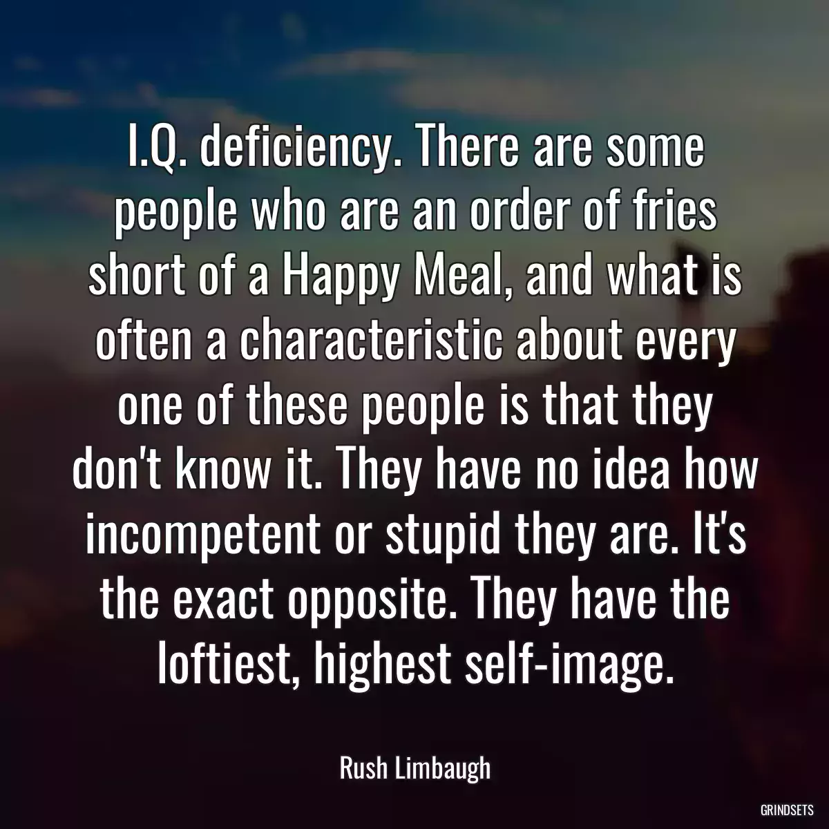 I.Q. deficiency. There are some people who are an order of fries short of a Happy Meal, and what is often a characteristic about every one of these people is that they don\'t know it. They have no idea how incompetent or stupid they are. It\'s the exact opposite. They have the loftiest, highest self-image.