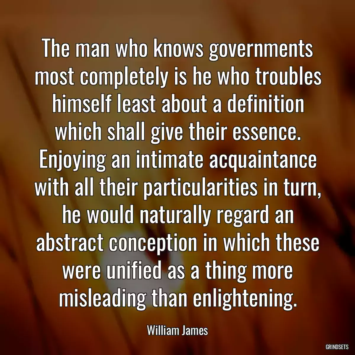 The man who knows governments most completely is he who troubles himself least about a definition which shall give their essence. Enjoying an intimate acquaintance with all their particularities in turn, he would naturally regard an abstract conception in which these were unified as a thing more misleading than enlightening.