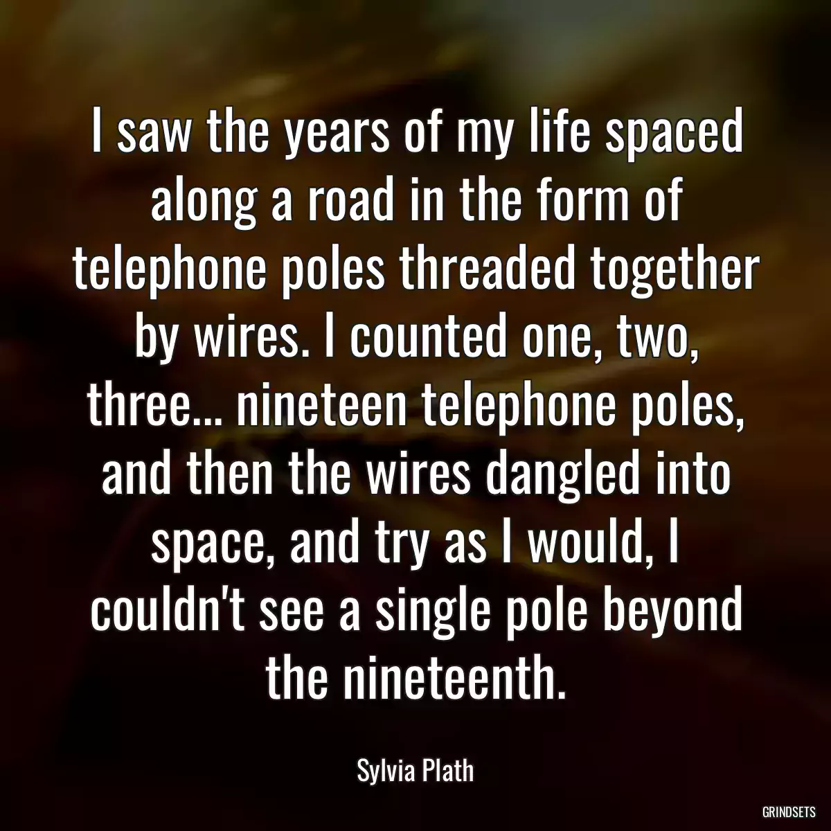 I saw the years of my life spaced along a road in the form of telephone poles threaded together by wires. I counted one, two, three... nineteen telephone poles, and then the wires dangled into space, and try as I would, I couldn\'t see a single pole beyond the nineteenth.