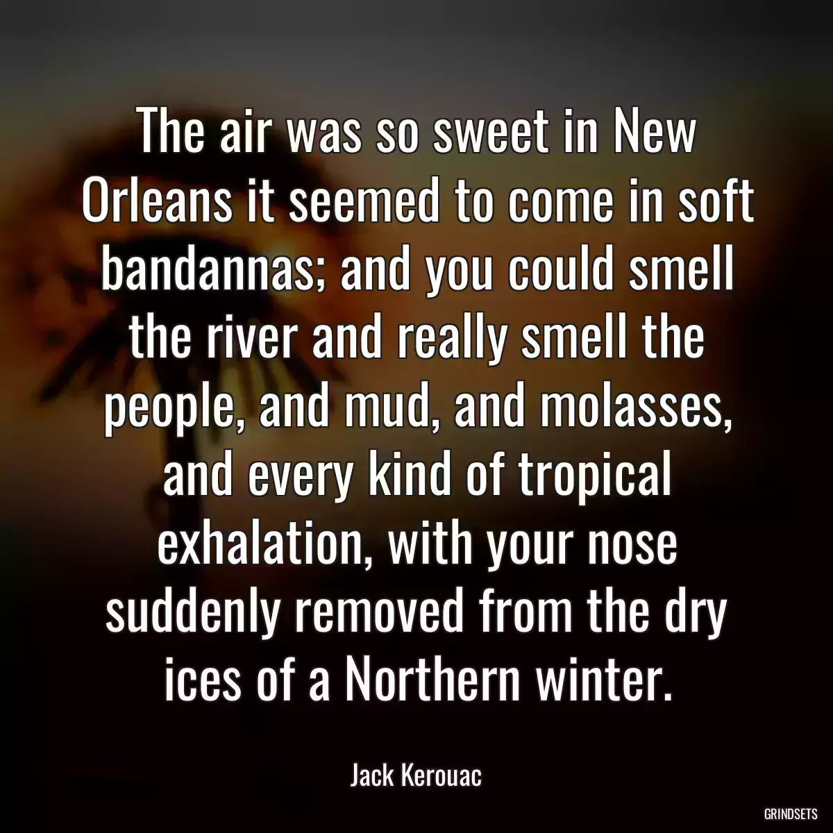 The air was so sweet in New Orleans it seemed to come in soft bandannas; and you could smell the river and really smell the people, and mud, and molasses, and every kind of tropical exhalation, with your nose suddenly removed from the dry ices of a Northern winter.