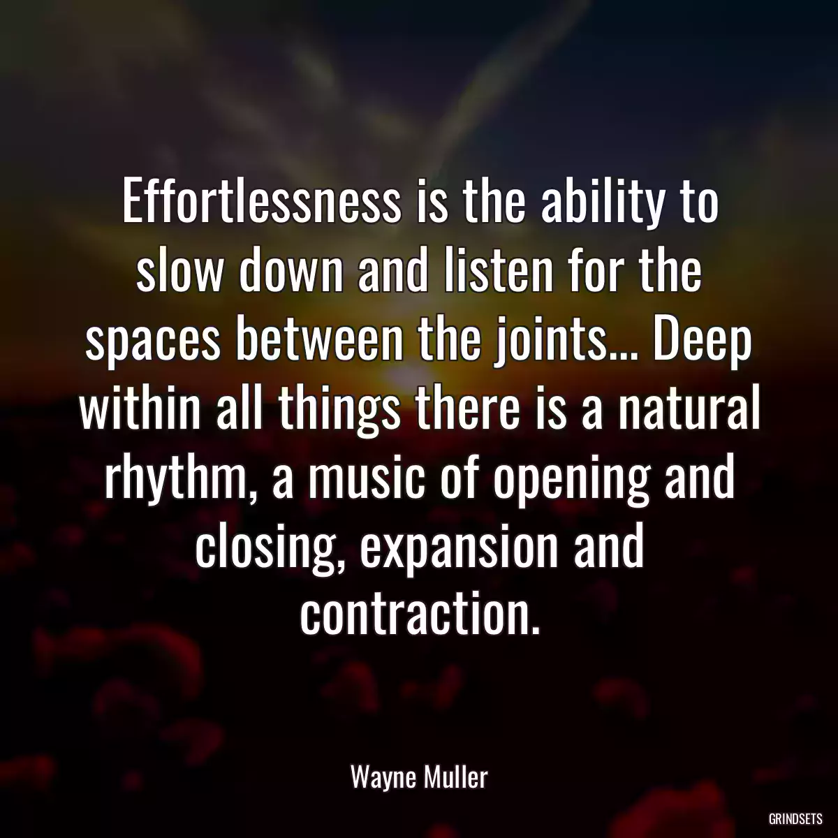 Effortlessness is the ability to slow down and listen for the spaces between the joints... Deep within all things there is a natural rhythm, a music of opening and closing, expansion and contraction.