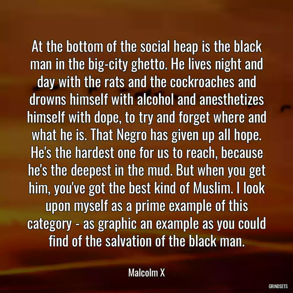 At the bottom of the social heap is the black man in the big-city ghetto. He lives night and day with the rats and the cockroaches and drowns himself with alcohol and anesthetizes himself with dope, to try and forget where and what he is. That Negro has given up all hope. He\'s the hardest one for us to reach, because he\'s the deepest in the mud. But when you get him, you\'ve got the best kind of Muslim. I look upon myself as a prime example of this category - as graphic an example as you could find of the salvation of the black man.