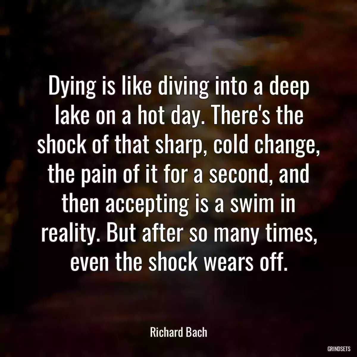 Dying is like diving into a deep lake on a hot day. There\'s the shock of that sharp, cold change, the pain of it for a second, and then accepting is a swim in reality. But after so many times, even the shock wears off.