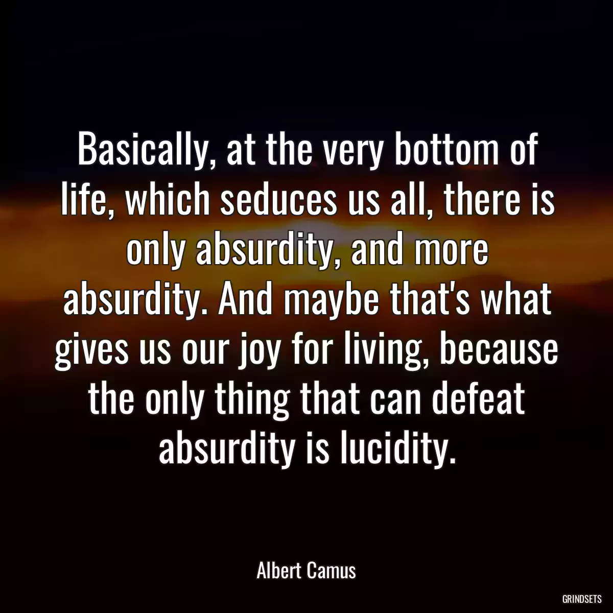 Basically, at the very bottom of life, which seduces us all, there is only absurdity, and more absurdity. And maybe that\'s what gives us our joy for living, because the only thing that can defeat absurdity is lucidity.