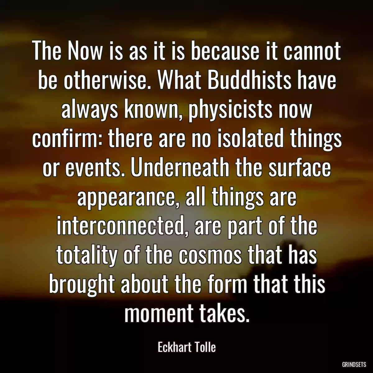 The Now is as it is because it cannot be otherwise. What Buddhists have always known, physicists now confirm: there are no isolated things or events. Underneath the surface appearance, all things are interconnected, are part of the totality of the cosmos that has brought about the form that this moment takes.