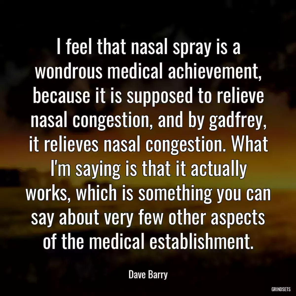 I feel that nasal spray is a wondrous medical achievement, because it is supposed to relieve nasal congestion, and by gadfrey, it relieves nasal congestion. What I\'m saying is that it actually works, which is something you can say about very few other aspects of the medical establishment.