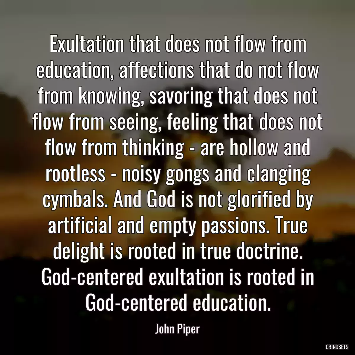 Exultation that does not flow from education, affections that do not flow from knowing, savoring that does not flow from seeing, feeling that does not flow from thinking - are hollow and rootless - noisy gongs and clanging cymbals. And God is not glorified by artificial and empty passions. True delight is rooted in true doctrine. God-centered exultation is rooted in God-centered education.