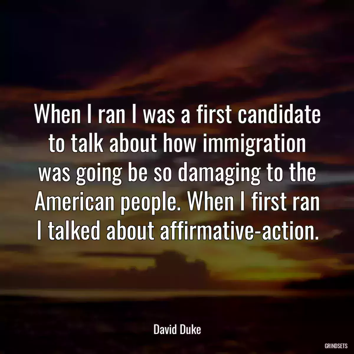 When I ran I was a first candidate to talk about how immigration was going be so damaging to the American people. When I first ran I talked about affirmative-action.