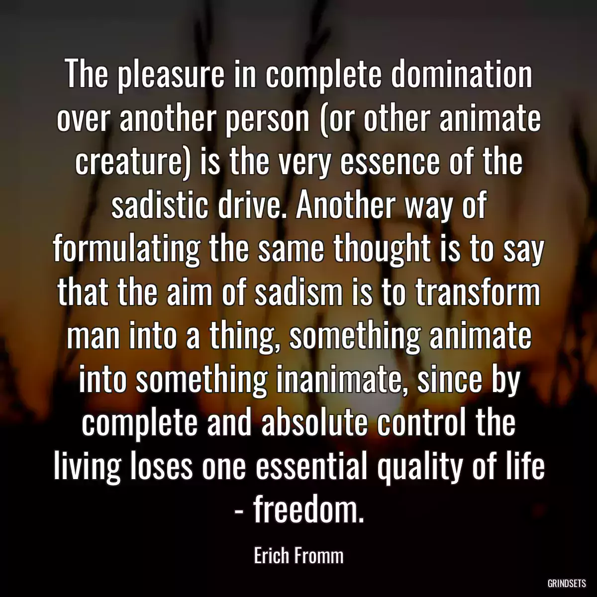 The pleasure in complete domination over another person (or other animate creature) is the very essence of the sadistic drive. Another way of formulating the same thought is to say that the aim of sadism is to transform man into a thing, something animate into something inanimate, since by complete and absolute control the living loses one essential quality of life - freedom.