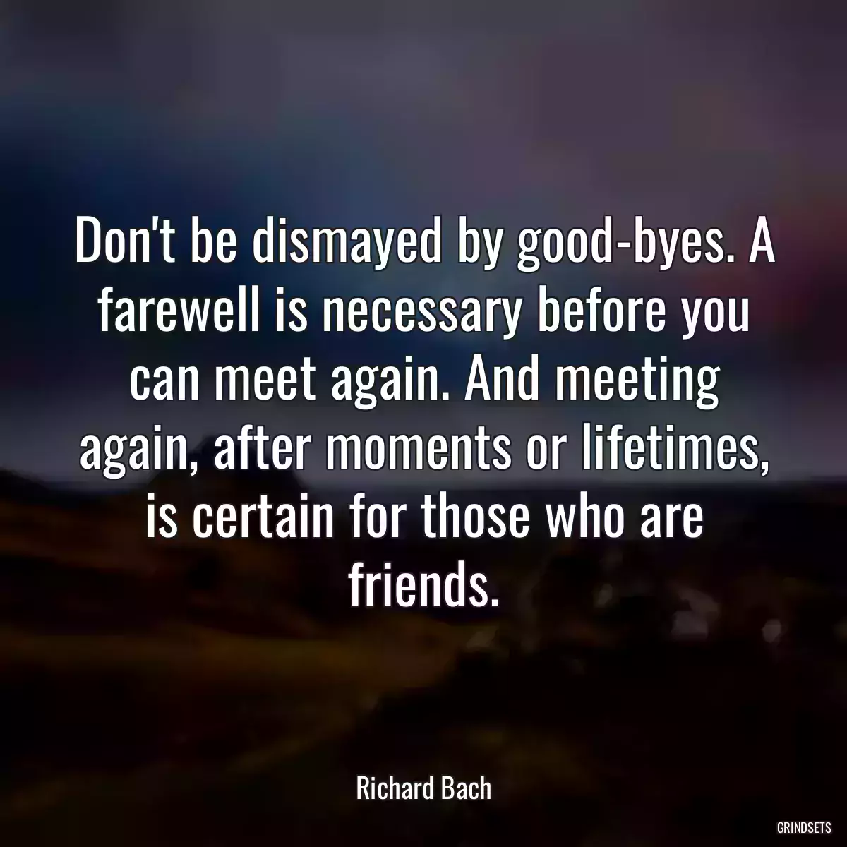 Don\'t be dismayed by good-byes. A farewell is necessary before you can meet again. And meeting again, after moments or lifetimes, is certain for those who are friends.