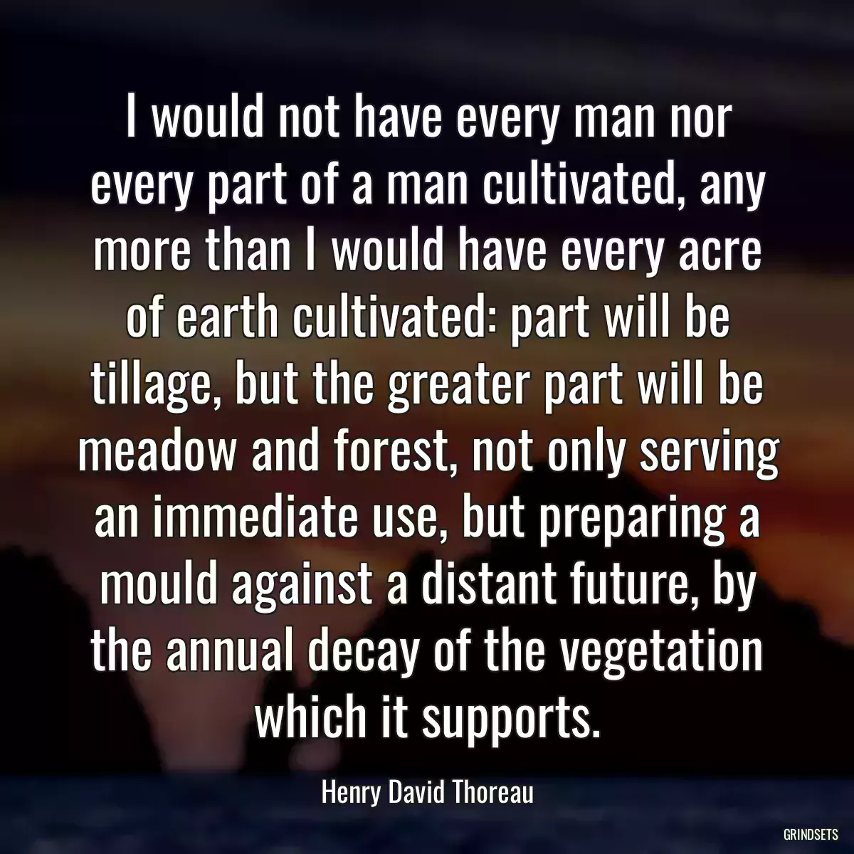 I would not have every man nor every part of a man cultivated, any more than I would have every acre of earth cultivated: part will be tillage, but the greater part will be meadow and forest, not only serving an immediate use, but preparing a mould against a distant future, by the annual decay of the vegetation which it supports.