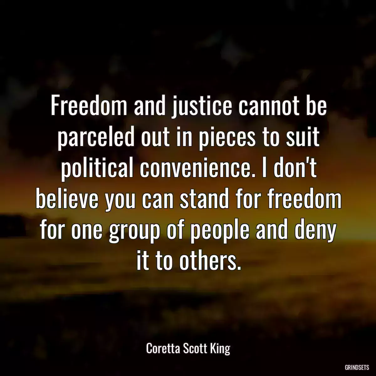 Freedom and justice cannot be parceled out in pieces to suit political convenience. I don\'t believe you can stand for freedom for one group of people and deny it to others.