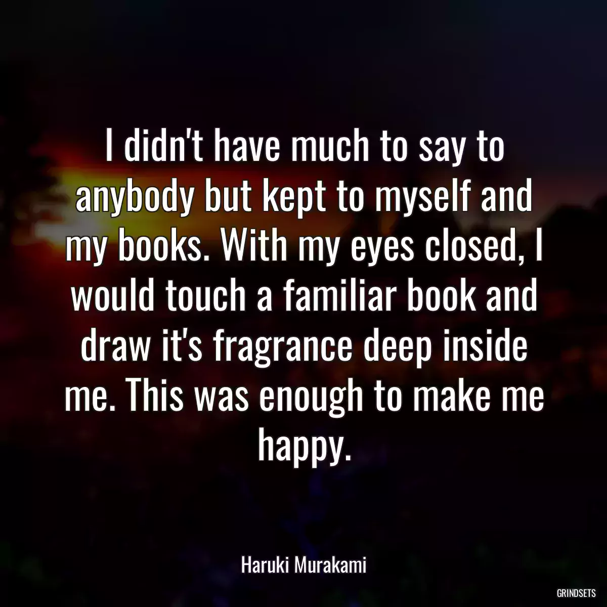 I didn\'t have much to say to anybody but kept to myself and my books. With my eyes closed, I would touch a familiar book and draw it\'s fragrance deep inside me. This was enough to make me happy.