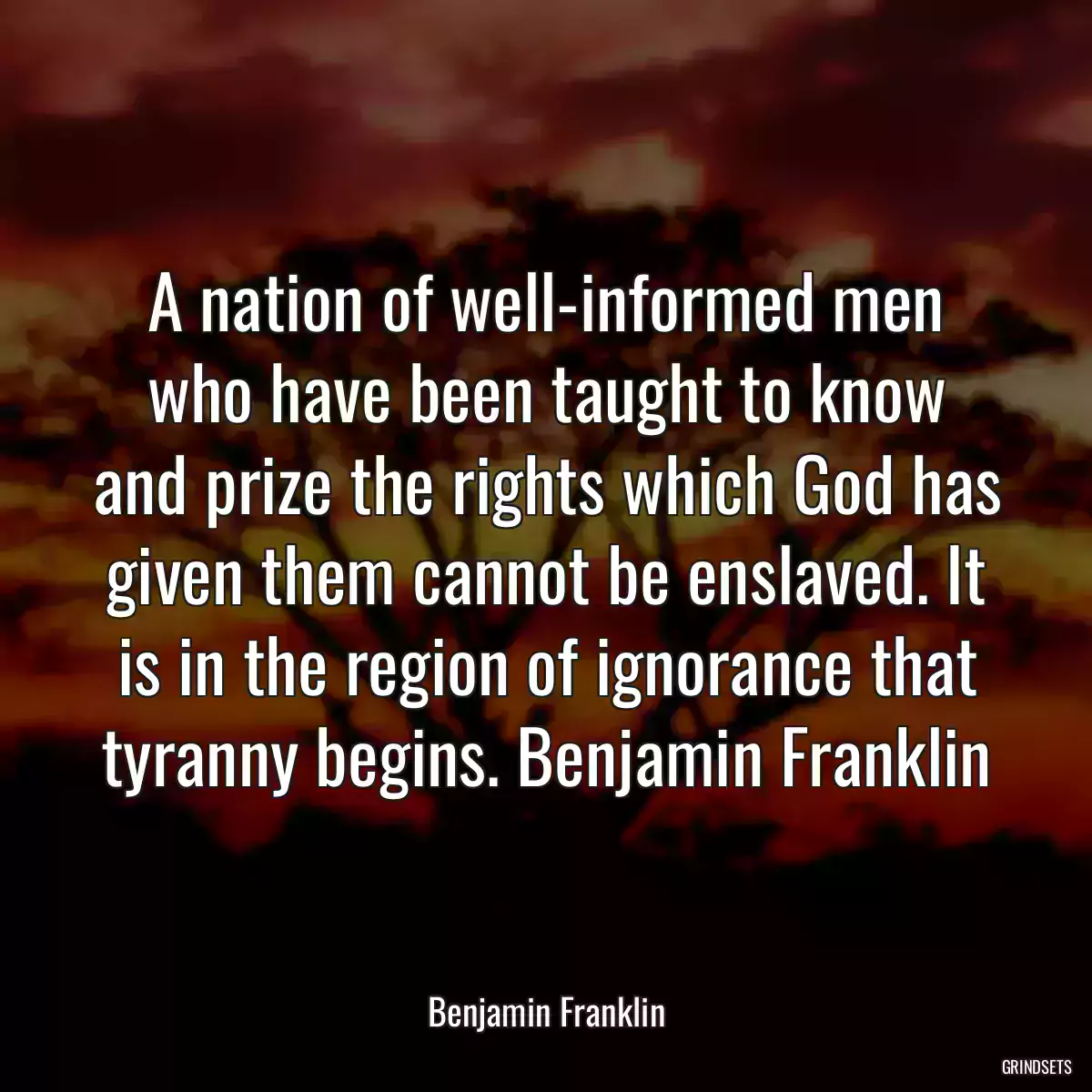 A nation of well-informed men who have been taught to know and prize the rights which God has given them cannot be enslaved. It is in the region of ignorance that tyranny begins. Benjamin Franklin