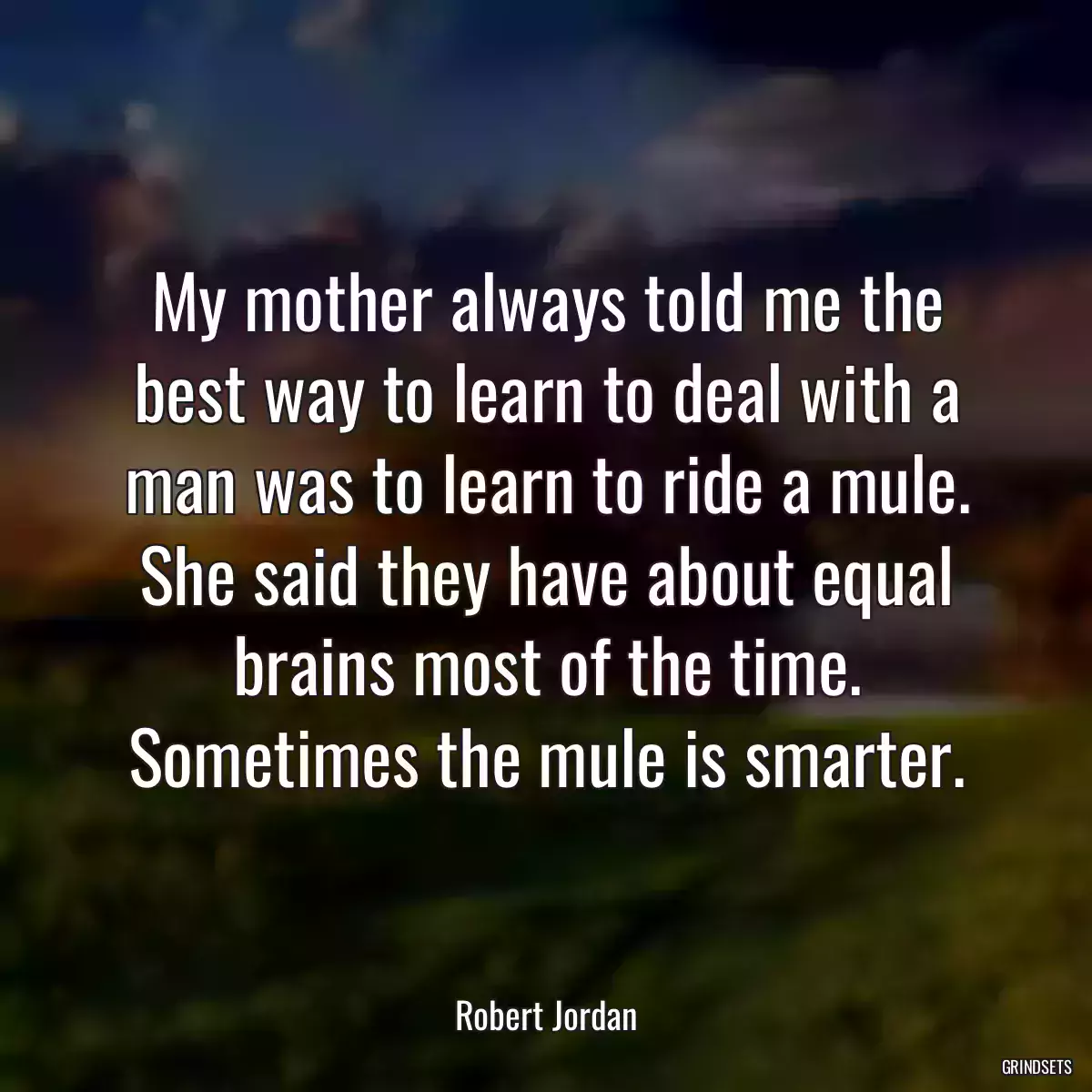 My mother always told me the best way to learn to deal with a man was to learn to ride a mule. She said they have about equal brains most of the time. Sometimes the mule is smarter.