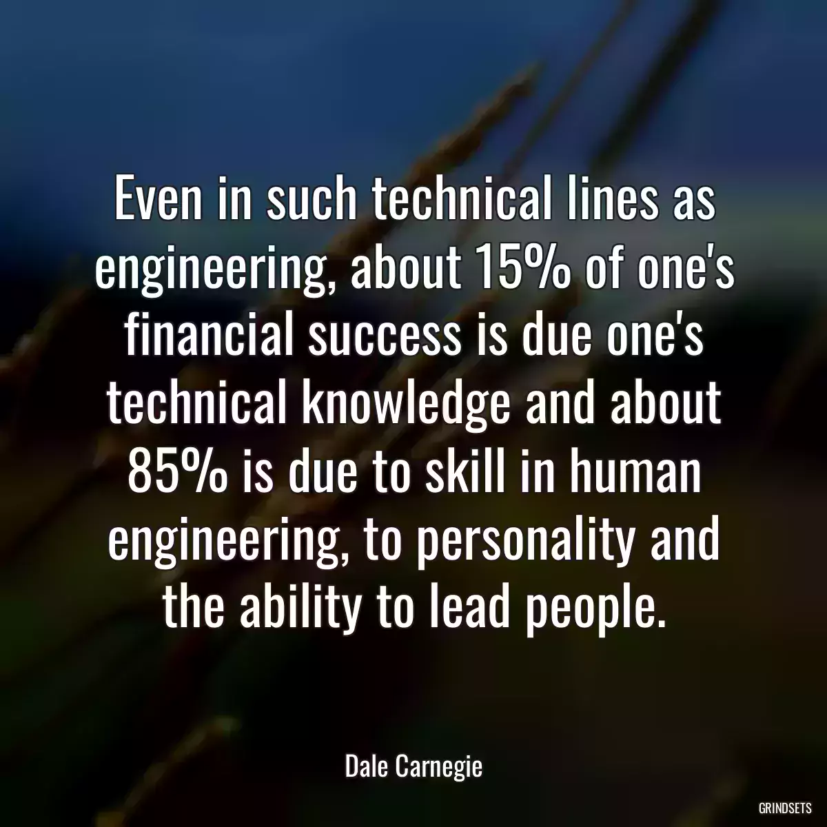 Even in such technical lines as engineering, about 15% of one\'s financial success is due one\'s technical knowledge and about 85% is due to skill in human engineering, to personality and the ability to lead people.