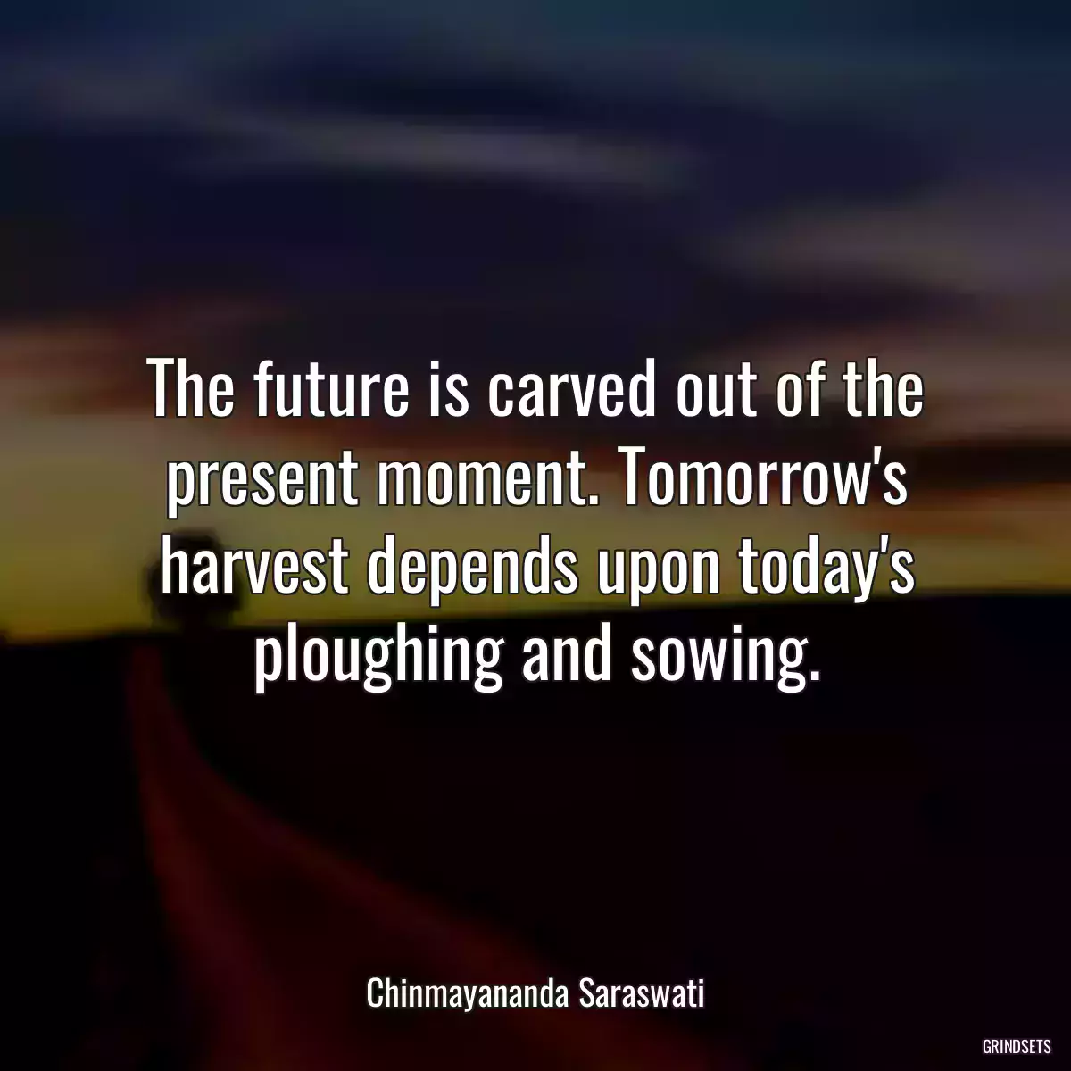 The future is carved out of the present moment. Tomorrow\'s harvest depends upon today\'s ploughing and sowing.