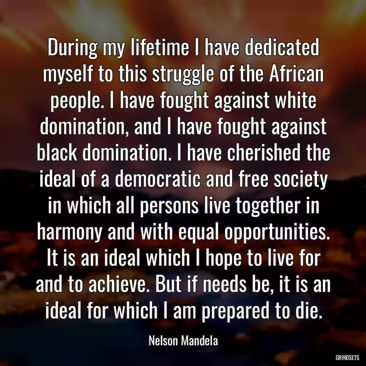 During my lifetime I have dedicated myself to this struggle of the African people. I have fought against white domination, and I have fought against black domination. I have cherished the ideal of a democratic and free society in which all persons live together in harmony and with equal opportunities. It is an ideal which I hope to live for and to achieve. But if needs be, it is an ideal for which I am prepared to die.