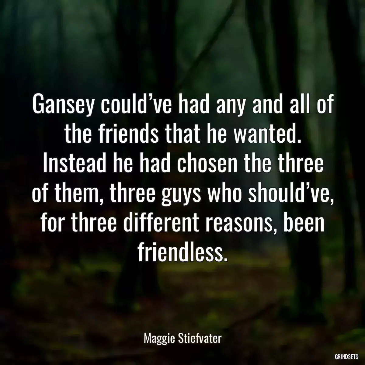 Gansey could’ve had any and all of the friends that he wanted. Instead he had chosen the three of them, three guys who should’ve, for three different reasons, been friendless.