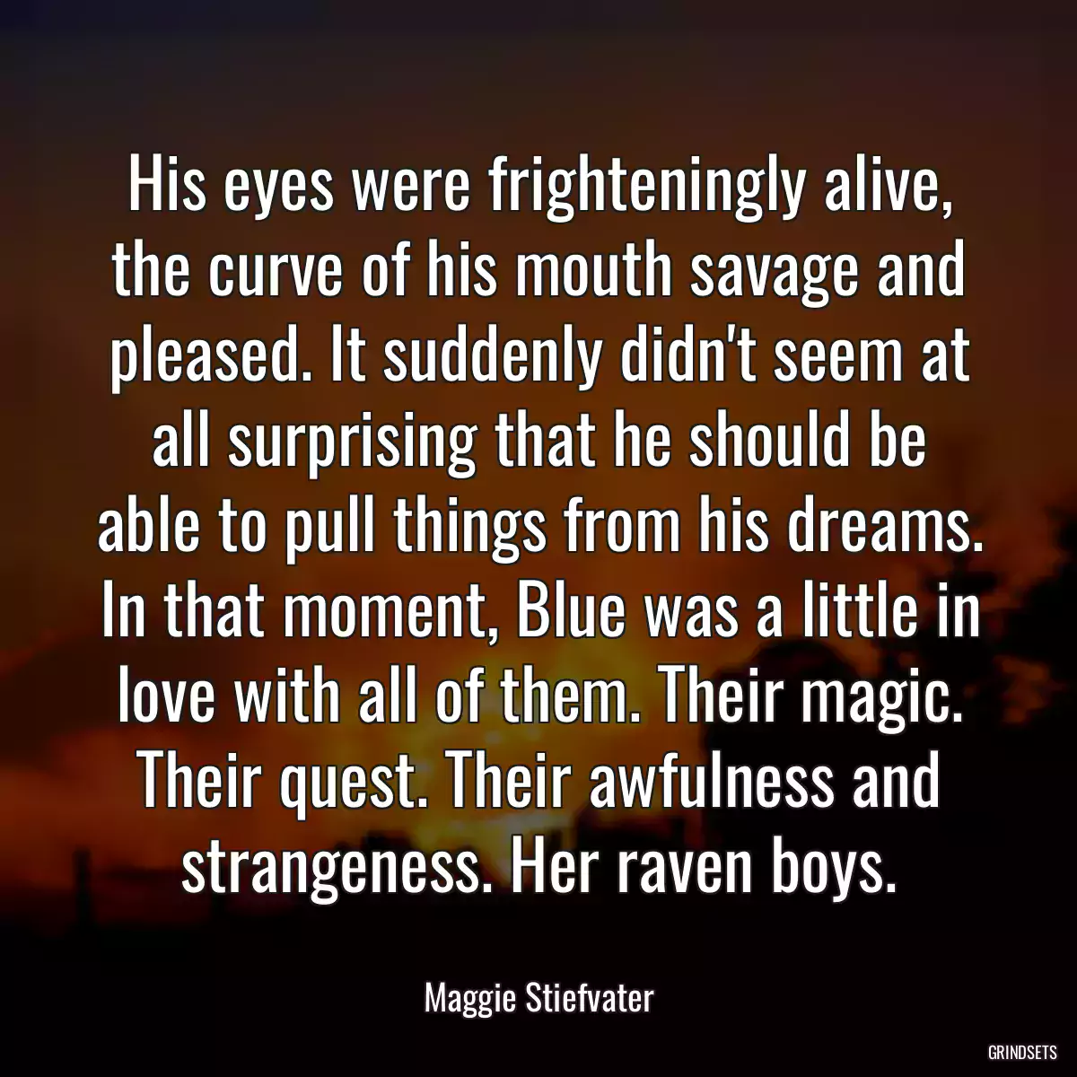 His eyes were frighteningly alive, the curve of his mouth savage and pleased. It suddenly didn\'t seem at all surprising that he should be able to pull things from his dreams. In that moment, Blue was a little in love with all of them. Their magic. Their quest. Their awfulness and strangeness. Her raven boys.