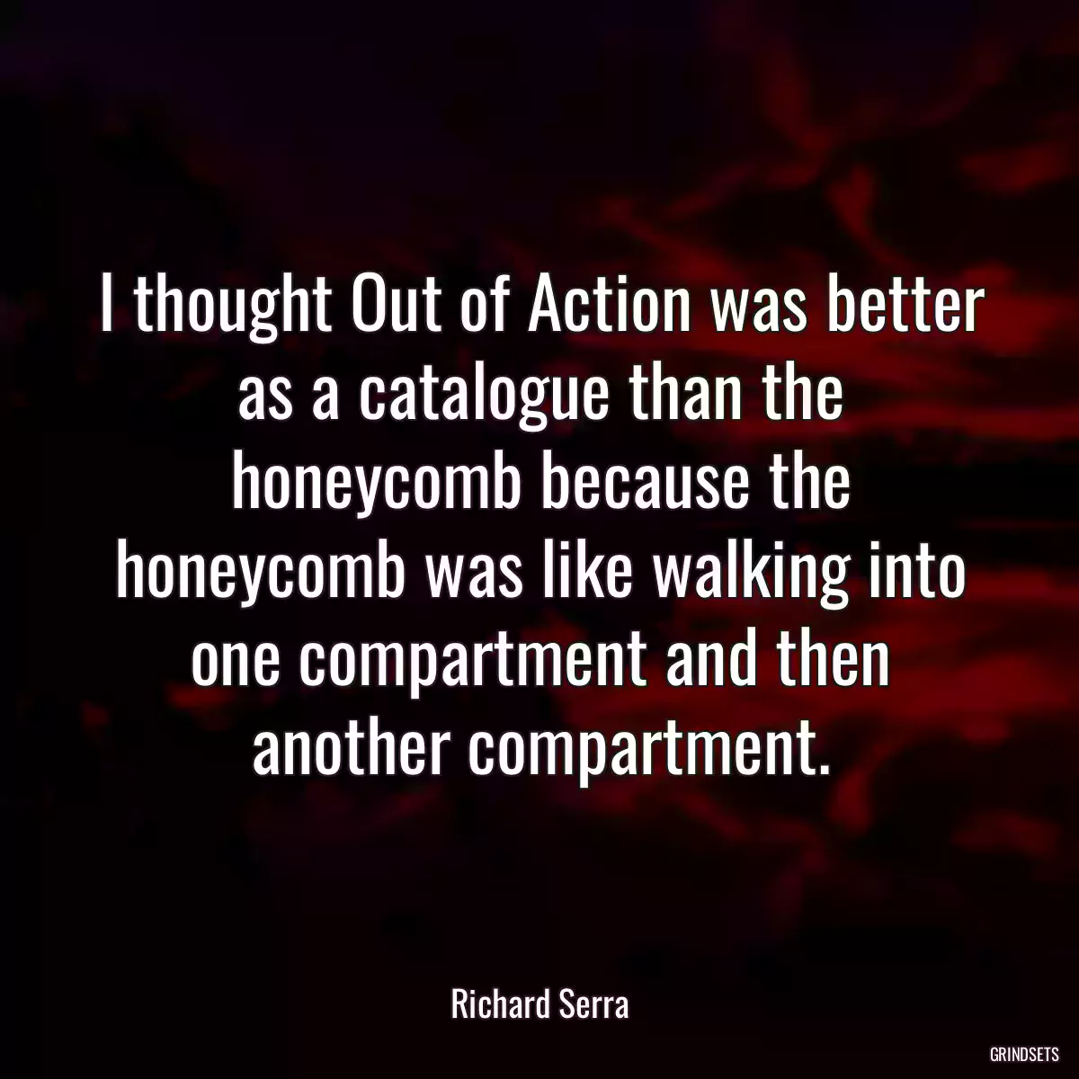 I thought Out of Action was better as a catalogue than the honeycomb because the honeycomb was like walking into one compartment and then another compartment.